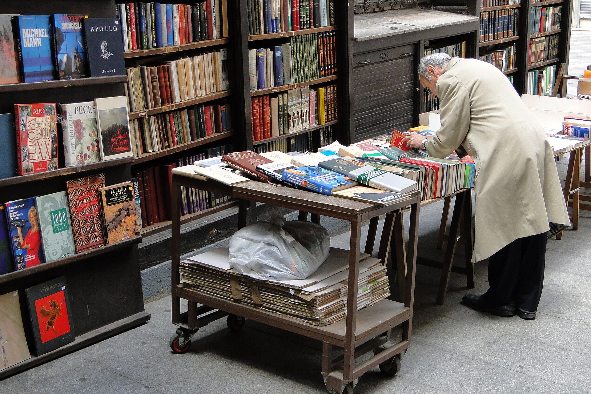 Un hombre mira libros en un puesto de libros de Madrid